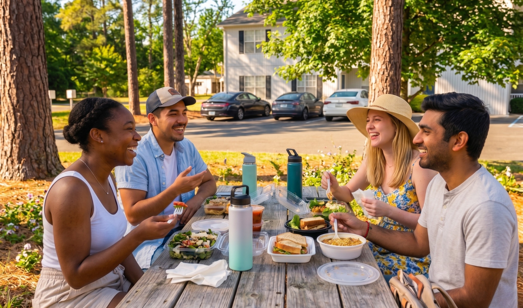 Residents enjoying outdoor picnic and social gathering at apartment community with shared green space and seating, located in a convenient suburban neighborhood near dining, shopping, and local attractions