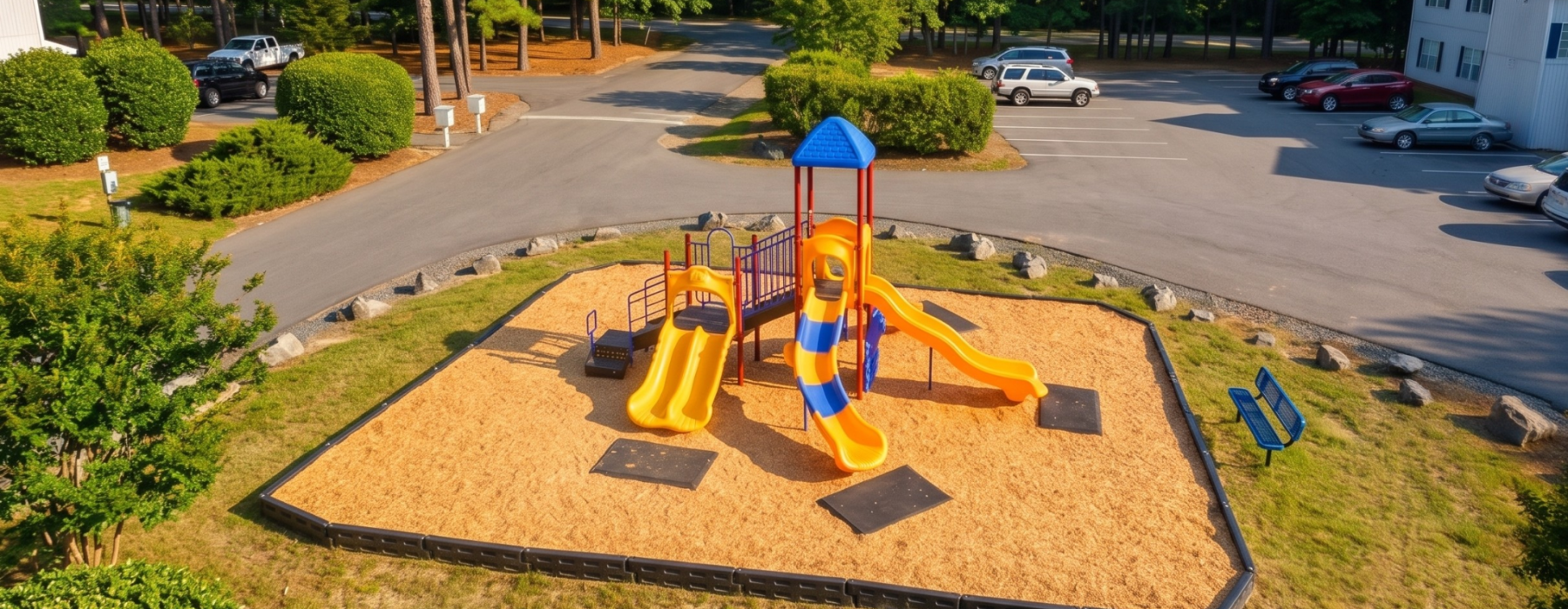 Playground at family-friendly apartment community with outdoor play area, nearby parking, and residential buildings in a convenient suburban location close to schools, parks, and local amenities