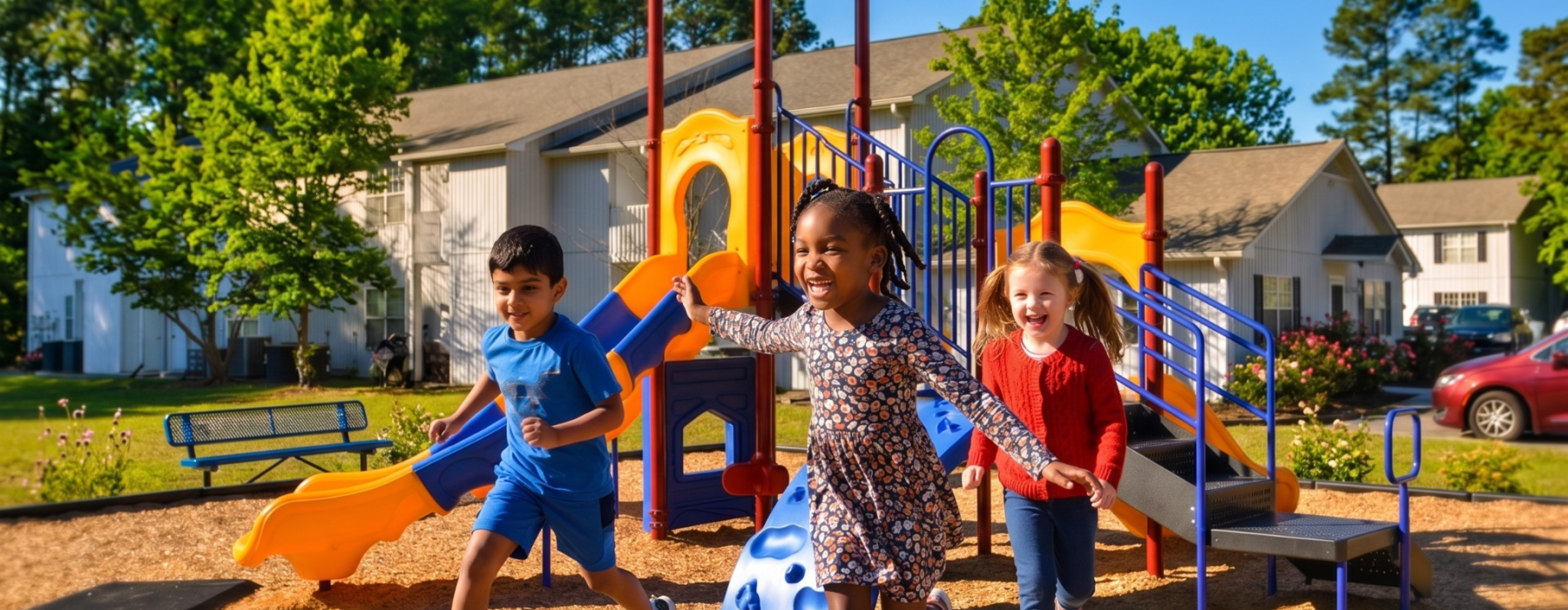 Children playing on playground at family-friendly apartment community with outdoor recreation space, located in a convenient neighborhood near schools, parks, and local amenities