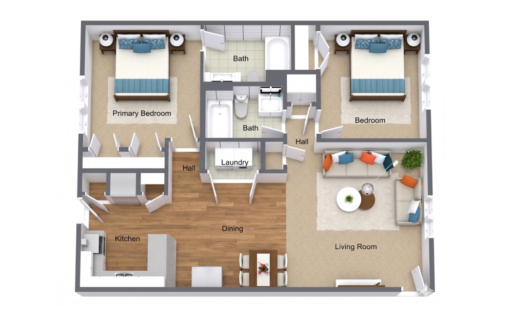 Two Bedroom Renovated - 2 bedroom floorplan layout with 2 bathrooms and 1010 square feet (2D)