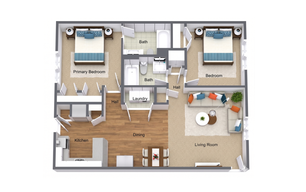 Two Bedroom Renovated - 2 bedroom floorplan layout with 2 bathrooms and 1010 square feet (2D)