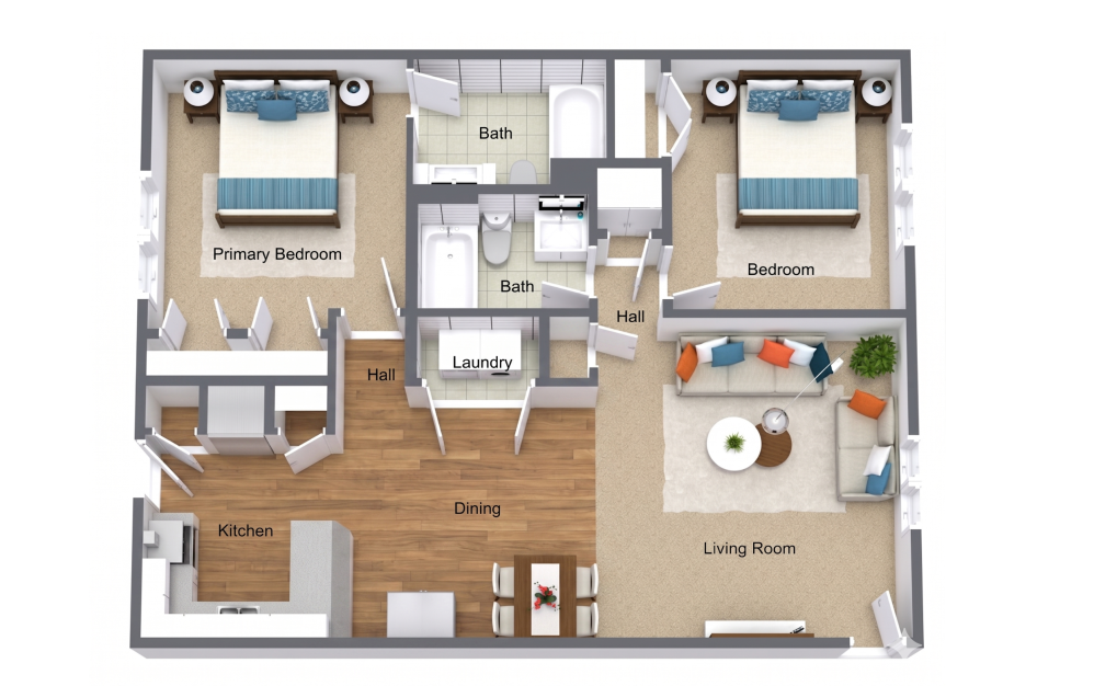 Two Bedroom Renovated - 2 bedroom floorplan layout with 2 bathrooms and 1010 square feet (3D)