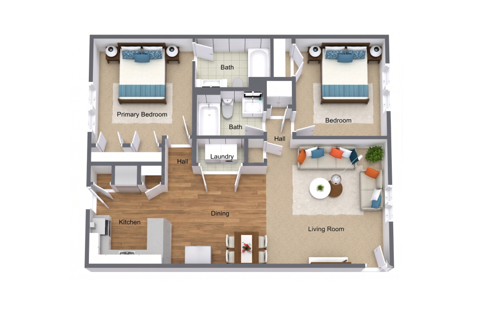 Two Bedroom Renovated - 2 bedroom floorplan layout with 2 bathrooms and 1010 square feet (3D)