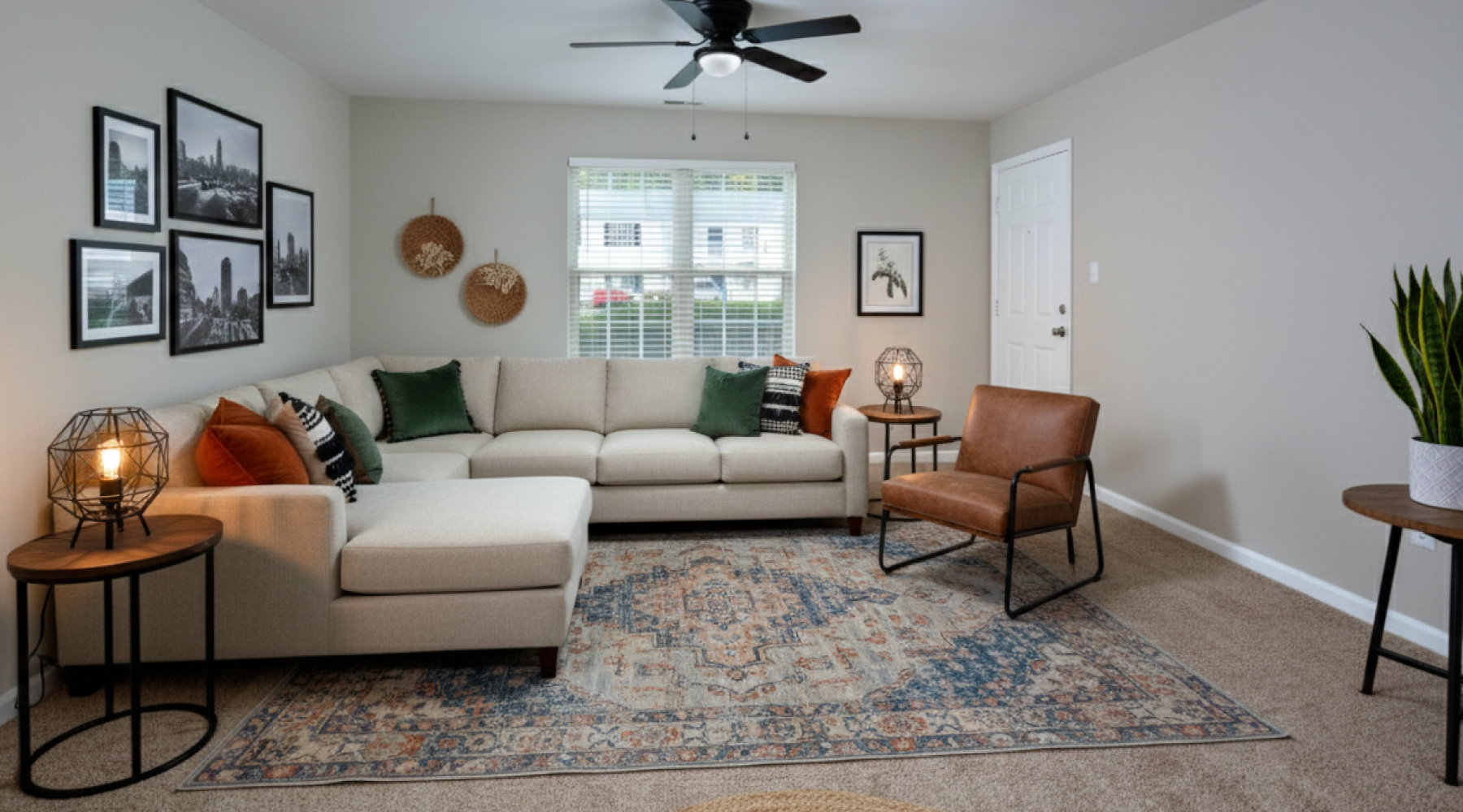 Couch with leather chair and rug