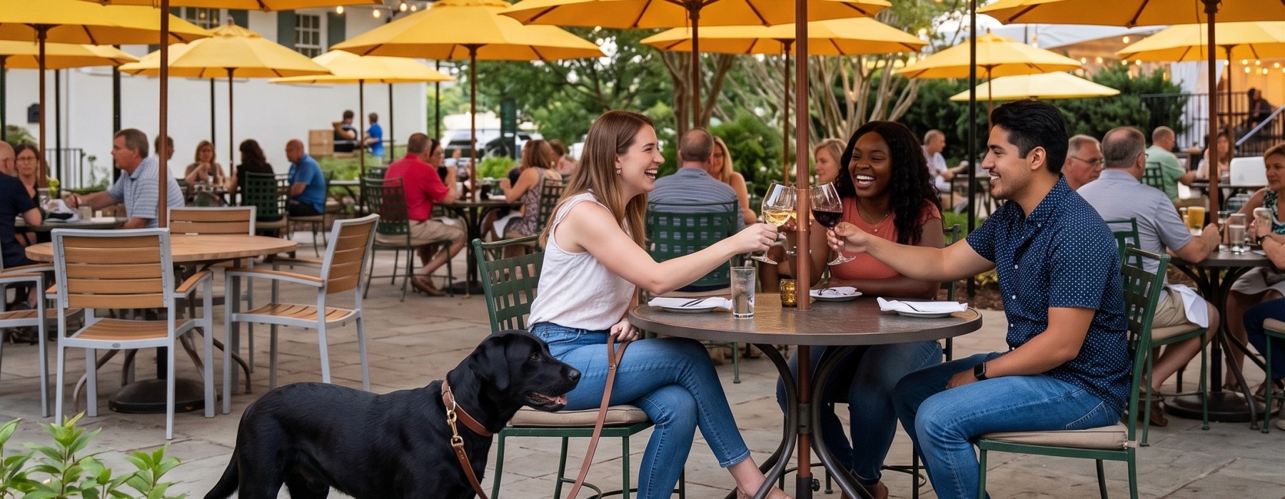 Group of friends sitting at table on outdoor patio of restaurant